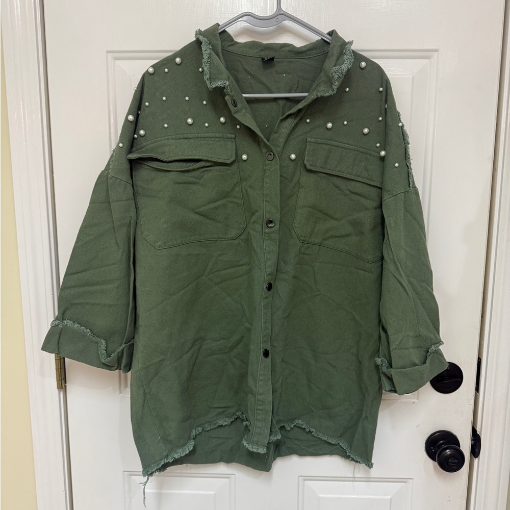 SHEIN Olive Green Utility Jacket with Pearl Details